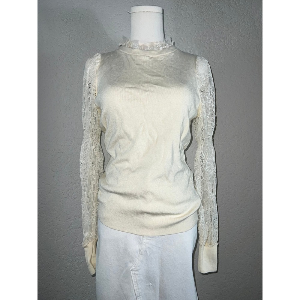 Express Cream Knit Mock Neck Sweater Floral Lace Long Sleeve Angelcore Bride